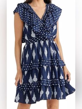 Talisman Cotton Kiki Dress Navy Blue Ruffled V-Neck Dress - NWT - Size L